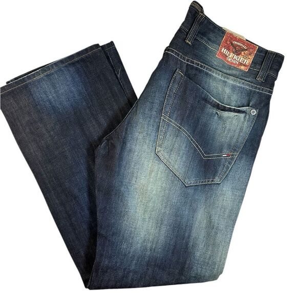 NWT Hilfiger Denim Men’s Red Tab “Destruction Abrasion” Dark Blue Jeans - 36x32 - Picture 1 of 11